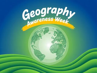 Celebrate geography awareness week with a vibrant earth globe illustration featuring lush green landscapes and a bright blue sky background