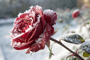 Macro shot of a red rose covered with snow, delicate frost crystals on petals, winter atmosphere, soft natural light, high resolution