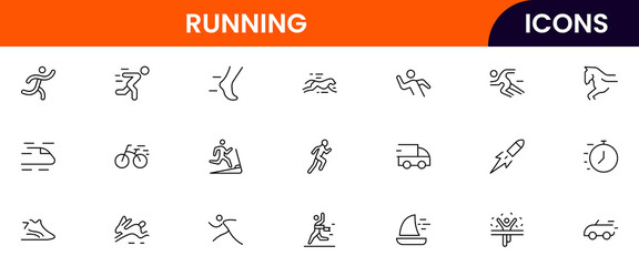 Running vector web line icon collection, sleek illustrations of shoes, tracks, fitness, speed for dynamic, active, athletic designs.