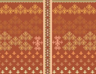 Symmetrical Ornamental Textile Pattern with Floral Scrolls and Fleur-de-Lis Motifs on Reddish-Brown Background