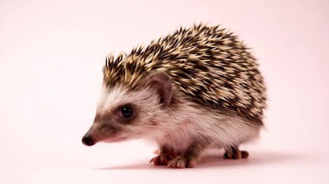 Curious Hedgehog on Pink Background - A close-up studio shot depicts a small hedgehog facing forward on a soft pink backdrop.