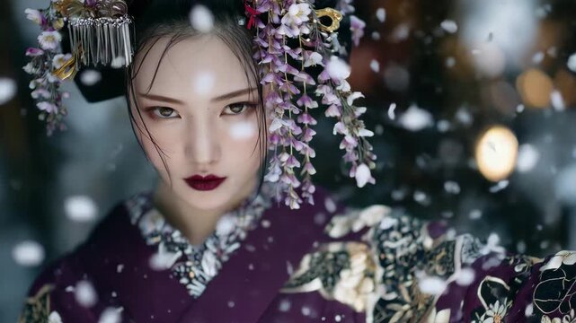 Geisha looking directly at camera, soft-focus sakura petals drifting, intricate hairpins and combs catching light, kimono patterns adding depth and elegance