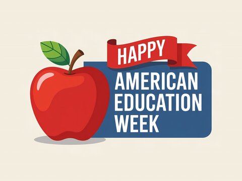 Happy american education week with a red apple and festive ribbon on a blue sign