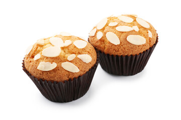 Tasty muffins with almond flakes isolated on white