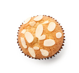 Tasty muffin with almond flakes isolated on white, top view