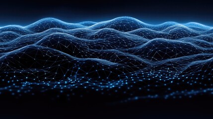 This abstract dark blue background features a complex low-poly network of lines and dots, illustrating themes of technology, internet connections, and data transfer processes SEAMLESS PATTERN