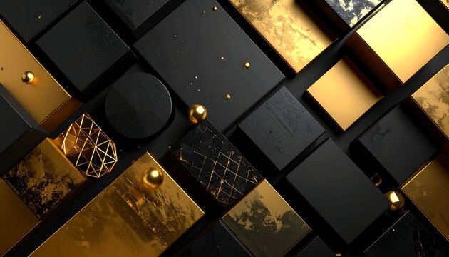 Abstract composition of gold, black, and patterned geometric shapes in varying orientations