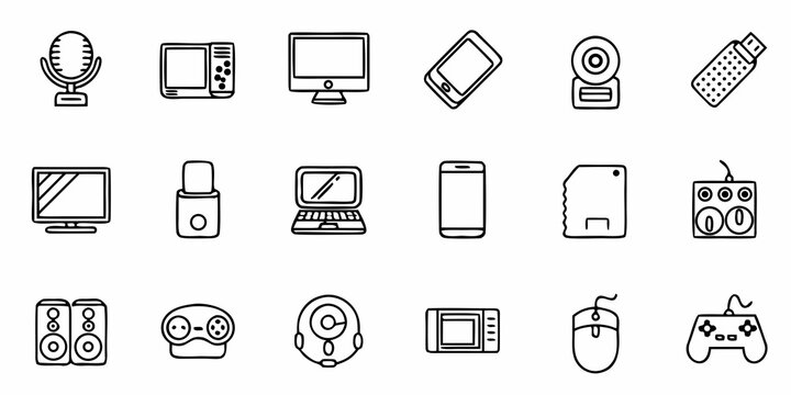 Tech Gadget Icons for Modern Lifestyle: Computer, Laptop, Phone, Microphone, USB Drive and More, Perfect for Technology Designs, App Interfaces, and Digital Platforms - Scalable Vector Graphics