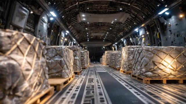Inside a massive cargo plane, rows of securely strapped crates line the metallic floor, dim overhead lights casting dramatic shadows on tightly packed goods