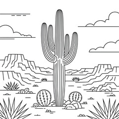 Desert landscape with saguaro cactus and mountains line art