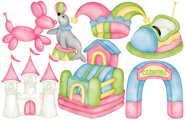 Carnival playground clip art with inflatable castle bumper car clown hat balloon animal and festival arch in colorful watercolor style for funfair amusement or kids event design