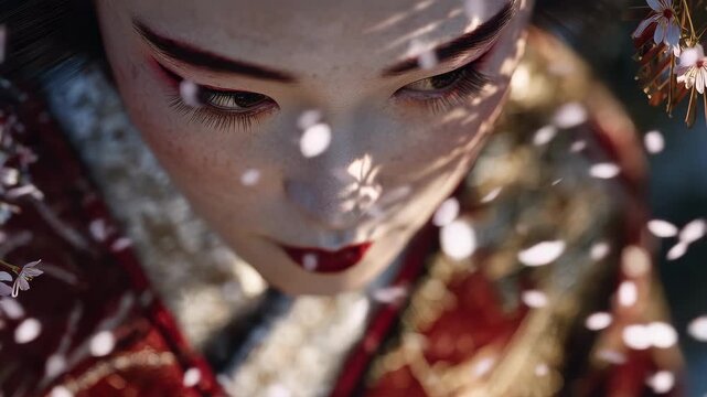 Intimate close-up of geisha face, subtle makeup, red and gold kimono patterns visible, sakura petals floating in gentle breeze, warm diffused sunlight