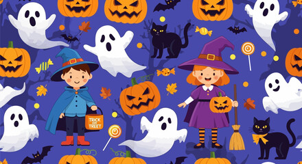 Obraz premium Vector illustration of vector art of cute halloween pattern with cartoon ghosts, witches, black cats, and pumpkins on a blue background