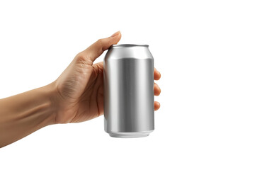A hand holds a sleek, silver can against a transparent background, minimalist and modern composition.