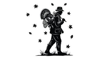 Fototapeta premium Thanksgiving hunter carrying a turkey with falling forest leaves in rustic autumn isolated silhouette vector illustration