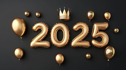The artwork features bold golden 2025 text adorned with a crown, surrounded by shimmering balloons and glitter, creating a dazzling New Year celebration atmosphere