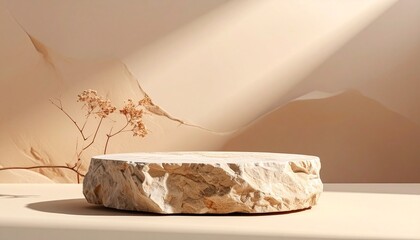 Obraz premium Earthy natural stone product display podium illuminated by serene sunlight, offering a minimalist platform for elegant cosmetic and organic branding showcases