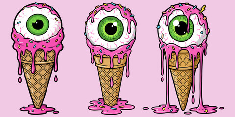 Surreal Eyeball Ice Cream Vector Illustration – Creepy Cute Melting Dessert with Green Eye and Pink Drips © Diki