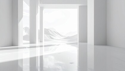 Architectural Perspective Capturing Light and Space in a Minimalist White Environment, with Mountain View