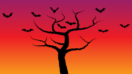 Halloween illustration with black dry trees and bats flying in an orange-red gradient sky, creating a mysterious and spooky atmosphere.