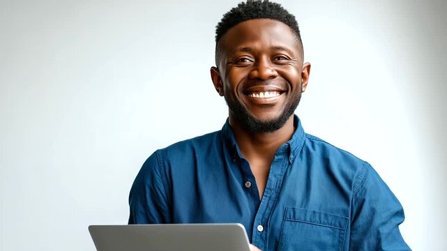 Smiling man in blue shirt holding a laptop computer against a plain white background in a studio shot, under gentle studio light, highlighting cheerful expression and sleek device,