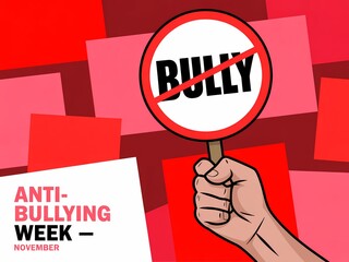 Hand holding a red and white sign with the word bully crossed out symbolizing anti bullying campaign and awareness