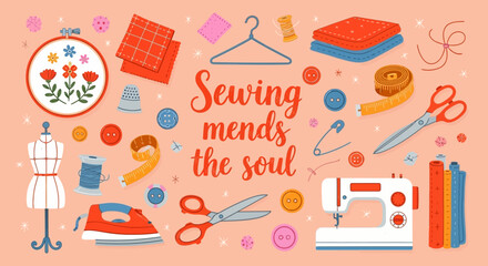Vector illustration of vector art of sewing mends the soul text with sewing supplies and embroidery hoop