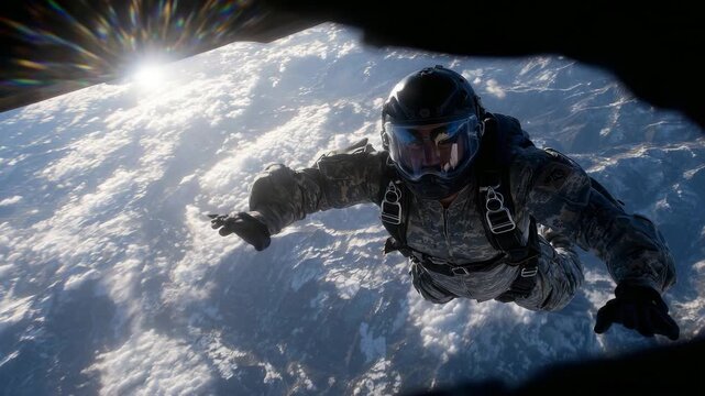 Rear hatch of a massive plane open to the skies, lone skydiver silhouetted dramatically against radiant clouds as they leap into freefall