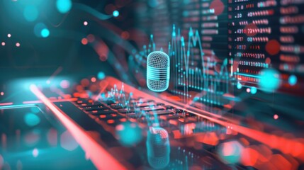 Glowing microphone above keyboard with data visualizations