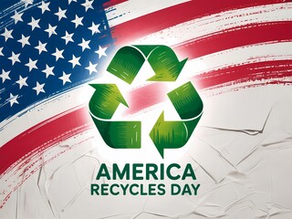 Green recycling symbol overlayed on american flag and paper waste symbolizing environmental responsibility and sustainability in the usa