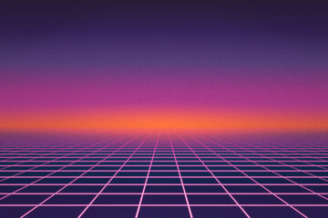 Background of pink neon grid with sunrise horizon and retro grain effect © Thomas Pajot