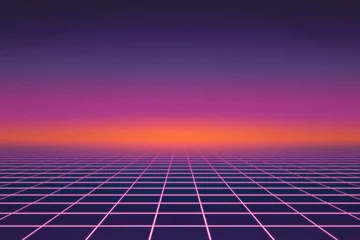 Foto auf Acrylglas Aubergine Background of pink neon grid with sunrise horizon and retro grain effect  © Thomas Pajot