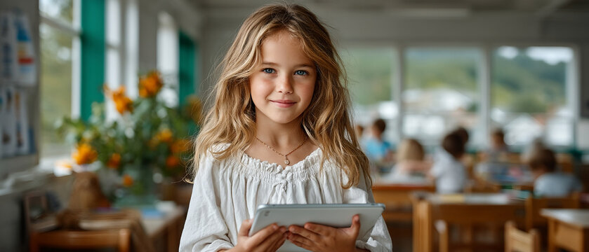 Young girl smiles happily, holding digital tablet. Student engages in learning technology within bright classroom, embracing future education