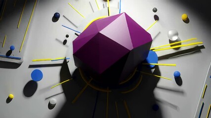 Abstract geometric composition featuring a purple polyhedron surrounded by colorful shapes and lines - Powered by Adobe