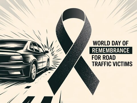 World day of remembrance for road traffic victims with a black ribbon and a blurred car in motion - Powered by Adobe