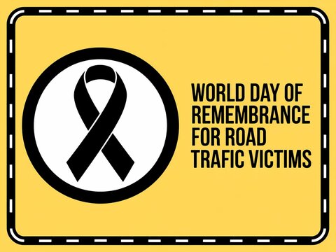 World day of remembrance for road traffic victims symbol with black ribbon and text on yellow background