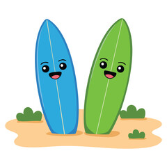 Surfboard standing in sand kawaii isolated vector illustration on white background