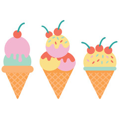 Ice cream cherry cone summer dessert isolated vector illustration on white background