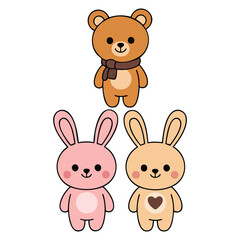 Plush animals soft toys collection isolated vector illustration on white background