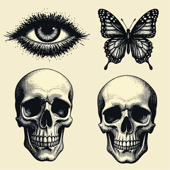 Grunge Punk Y2K Halftone Stipple Vector Set – Eye, Mouth, Skull, Hand, Head, Butterfly – Pop Art Emo Gothic Collage Elements.