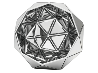 Geometric silver gemstone with faceted polygonal reflective design on a transparent background