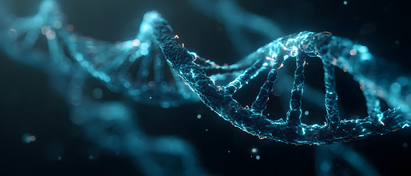 Glowing blue DNA helix structure rotates against a dark, blurred background.