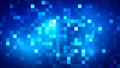 Futuristic blue digital grid with glowing mosaic squares, radiating energy and depth.