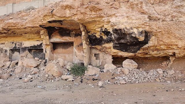 Mountain house carved into solid rock in Aleppo, Syria, damaged by war with burn, erosion, and visible destruction marks. A powerful symbol of survival and the lasting harsh impact of conflict.