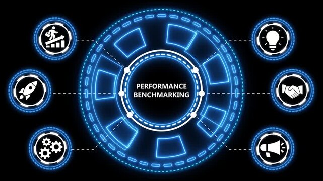 Animated graphic illustrating performance benchmarking process for business strategy success