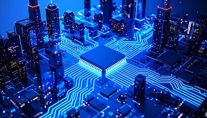 Glowing CPU hub powering digital cityscape