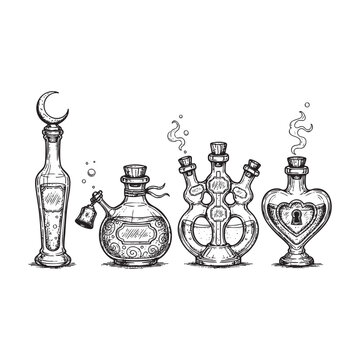 Fantasy Potion Bottles - Magic Elixir and Medicine Illustration Vector