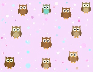 Fototapeta premium Whimsical composition showcasing multiple owl illustrations on a pastel pink background, interspersed with colorful stars and dots