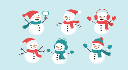 Set of Six Adorable Snowmen Characters in Winter Attire.