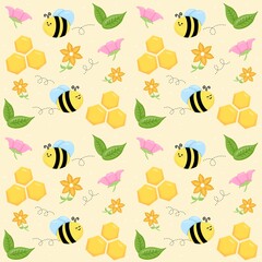 Cute seamless vector pattern with bees, beehives, flowers and leaves on a beige background